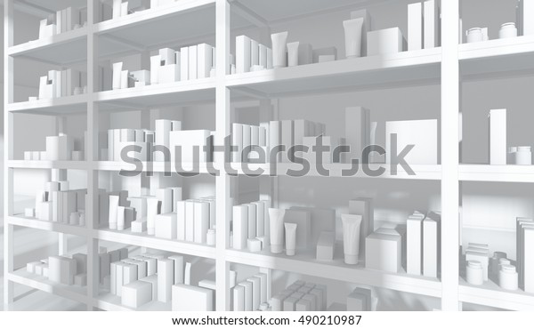 棚と壁の背景 製品表示用 ぼかした背景に薬局店の薬棚 薬局のぼかした背景 3dイラスト のイラスト素材