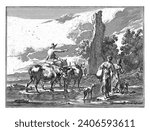 Shepherd and shepherdesses in a ford, anonymous, after Jan de Visscher, after Nicolaes Pietersz. Berchem, 1699 - 1756 In a ford, a shepherd on horseback.