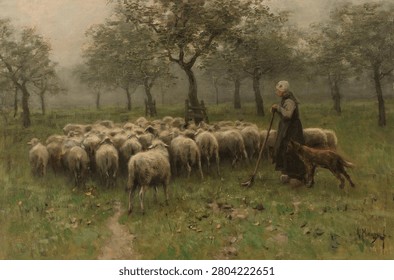 Shepherdess with a Flock of Sheep (c. 1870 - c. 1888) by Anton Mauve. Vintage painting with horse, artwork.