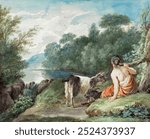 Shepherdess with goats in a landscape with a lake (1781) painting in high resolution by Aert Schouman. Vintage Shepherdess with goats art illustration, old landscape painting, landscape art print.