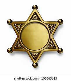 Sheriff And Police Brass Or Gold Metal Badge With Blank Center As A Symbol Of Security And Law Enforcement On A White Background.