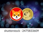 shiba inu and dogecoin virtual currency visuals on an abstract background. 3d illustrations.