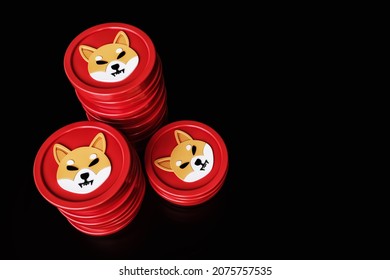 Shiba Inu token coin stacks viewed from above. Cryptocurrencies savings accrual and equity stake concepts. High quality 3D rendering.