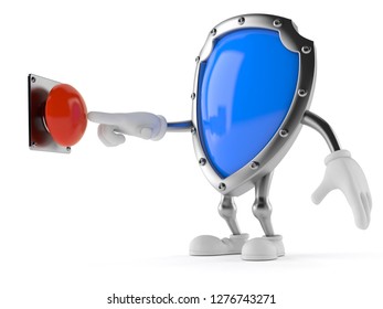 Shield character pushing button isolated on white background. 3d illustration