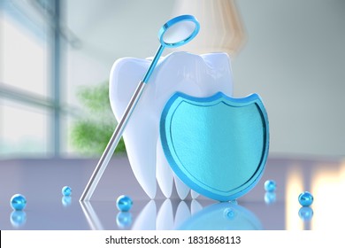 Shield with a dental mirror near a tooth. Concept of dental care and regular dental checkup and treatment. 3d illustration - Powered by Shutterstock