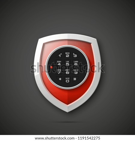 Shield & electronic combination lock. Defense sign & PIN code entry panel. Protection concept. Safety badge shield icon. Privacy protection banner. Security label icon. Presentation sticker shield tag