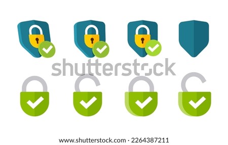 Shield lick icon set as internet web secure safeguard defence protection graphic illustration clipart 3d and flat, green padlock open closed security unlock logo with check mark