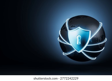 Shield lock icon over digital globe in glowing style on dark background, concept of cyber protection and data safety 3D Rendering