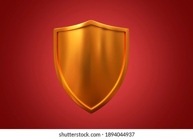 Shield Made Of Gold On A Red Background, 3d Renderin