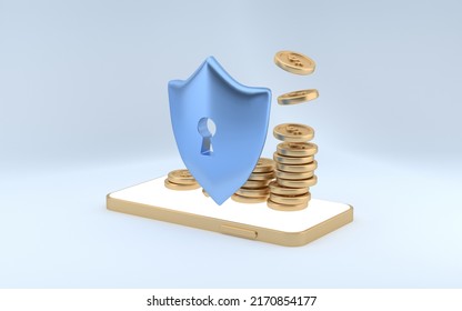 Shield With Money On Phone Platform. Management And Commercial Facilities From Money Trading. Like E-commerce Coin Icons. 3d Rendering