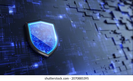 Shield. Protect and Security concept. Digital Shield on abstract technology background. 3d rendering