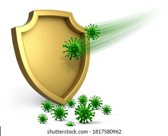 Shield Protect From Virus, Metal Shield, Golden Shield, 3D Shield. 3d Illustration.