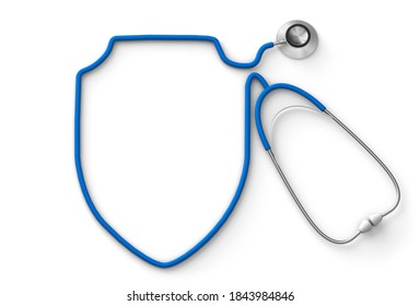 Shield Shaped Stethoscope, Medical Insurance. Isolated On White Background. 3d Render.