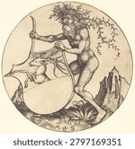 Shield with Stag, Held by Wild Man (c. 1480 or 1490) by Martin Schongauer. Vintage nature art illustration.
