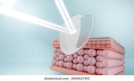 Shield sunscreen blocking UV light protecting skin. Sunblock and Lotion concept. 3D rendering. - Powered by Shutterstock