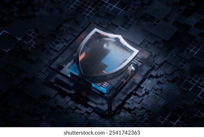 Shield with technological circuit background, 3d rendering. 3D illustration.