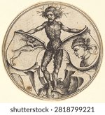 Shields with Rabbit and Moors Head, Held by Wild Man (c. 1480, 1490) by Martin Schongauer. Vintage art illustration.