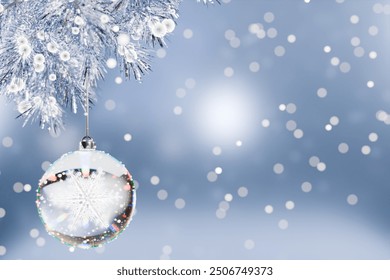 A shimmering Christmas ornament hangs from a snowy branch, set against a soft blue winter background. 3d rendering - Powered by Shutterstock