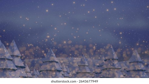 Shimmering triangular trees receding at snowy forest dusk, with falling snowflakes, golden lights. Winter, landscape, minimalist, magical, festive, atmospheric, serenity