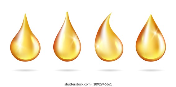 Shine Yellow Droplets. Realistic Oil Drops Isolated On White Background. Liquid Drip Juice Honey Petrol