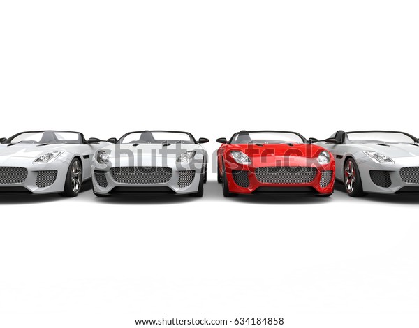 Shiney new red sports car standing out in a\
row of white sports cars - 3D\
Illustration