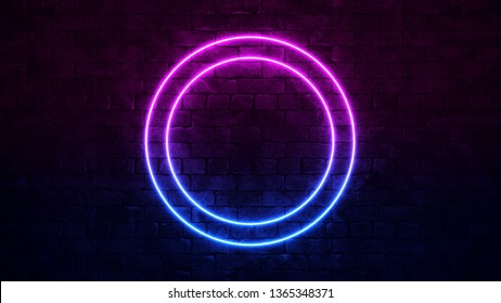 Shining Circular Neon Sign. Purple And Blue Neon Frame. Dark Brick Wall. 3d Illustration