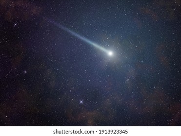 Shining comet in a starry night sky.