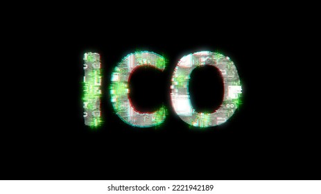 Shining Cybernetic Text ICO On Black - Meta Universe Concept, Isolated - Object 3D Illustration