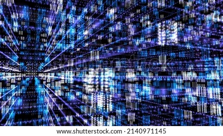 A lot of shining data storage arranged in digital space. Valuable big data in the Meta verse. Mining Cryptocurrency . The point of light and the grid are communication links. 3D rendering. 