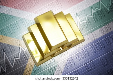 Shining Golden Bullions Lie On A South Africa Flag Background