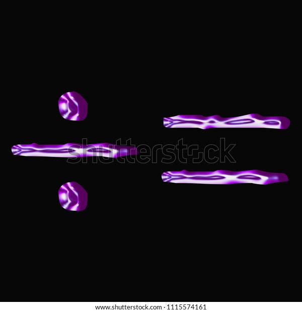 Shining metallic purple glass equals and division\
symbol math signs 3D illustration with a shiny reflective edge\
effect & purple color in a jagged font type on a black\
background with clipping\
path