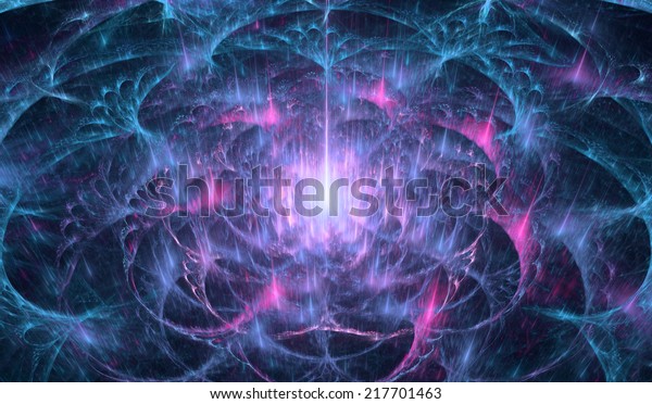 Shining pink and blue abstract beaming fractal\
tower in high resolution with a detailed decorative dividing arches\
surrounding the central beam\
light