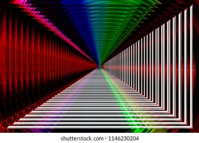 Shining Square Shape with Vibrant Ultraviolet Colors. Led Light Effect. Laser Tag Playground. Abstract Bright Minimal Background with Perspective. Abstract frame with neon squares on black background