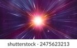 Shining stars and purple lights in the depths of space. Starburst in space, light speed background.