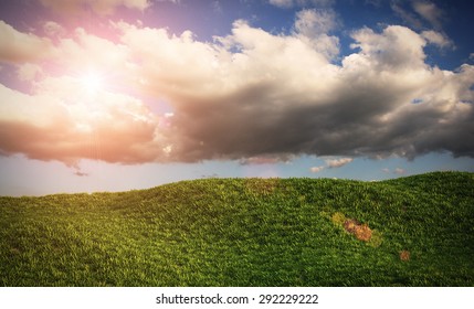 Shining sun through clouds above grass hills 3D render