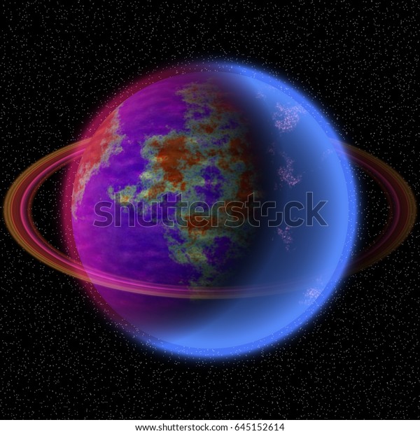 Shinning planet in far universe.\
Abstract planet with colorful ring somewhere in space.\
