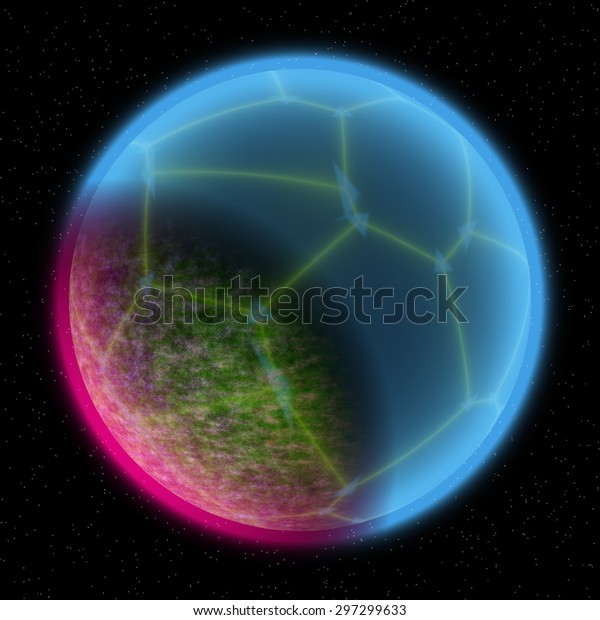 Shinning  planet with silver blue pink\
atmosphere. Planet hidden somewhere in dark\
space