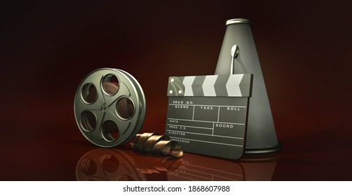 Shiny 3D Illustration Movies Concept With A Reel Tape, A Clapperboard And A Director's Vintage Megaphone.