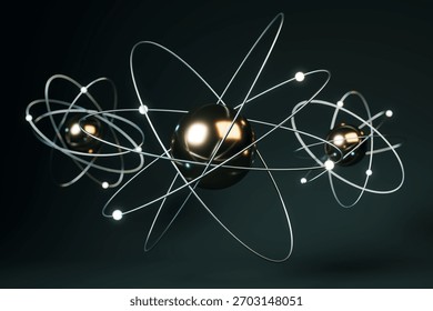 Shiny atom structures with glowing electron paths and metallic nuclei on a dark background, science and energy concept. 3D Rendering