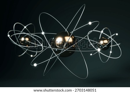 Shiny atom structures with glowing electron paths and metallic nuclei on a dark background, science and energy concept. 3D Rendering