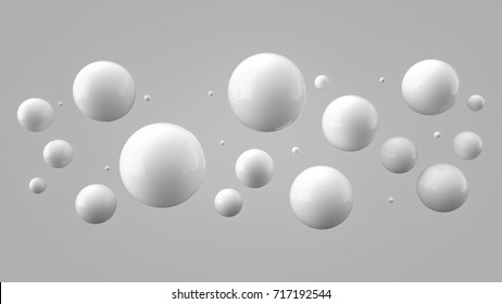 Shiny balls with different size on simple gradient background. Glossy bubbles in empty space. Abstract composition with chaotic floating spheres. 3d rendering