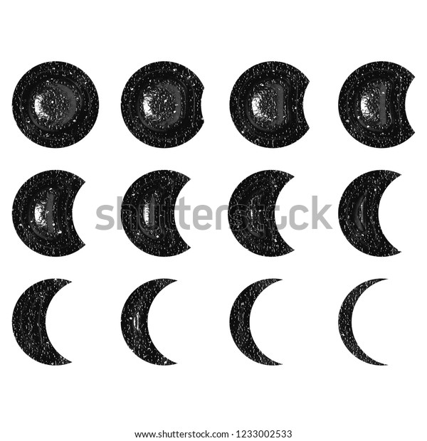 Shiny black plastic eclipses set or crescent moon\
phases shapes 3D illustration with a rough distressed glass or\
plastic sparkling glittery texture isolated on a white background\
with clipping path