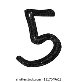 Shiny Black Plastic Number Five 5 In A 3D Illustration With A Rough Distressed Texture In A Handwritten Font Isolated On White With Clipping Path