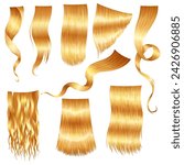 Shiny blond woman hairs collection. Haircut, hair care and beauty salon, realistic locks of long wavy blonde. Beautiful healthy female hair with shining surface