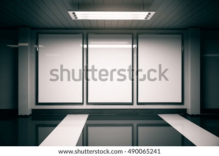 Shiny dark interior with empty white advertisement posters and ceiling lamp. Front view. Mock up, 3D Rendering