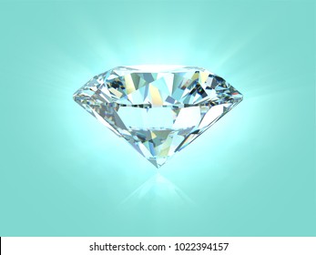 Shiny Diamond On Tiffany Blue Background. Close-up Side View, 3D Rendering Illustration