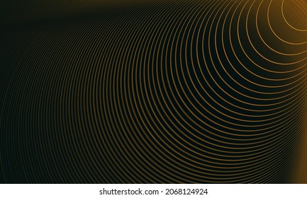 Shiny glowing golden radiance spreading from the right top corner into the deep darkness. Artistic digital 3d representation of sound wave, space vibration, echo of the universe. Cosmic and fantastic.
