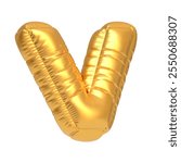 Shiny gold balloon in the shape of the letter V, isolated on a white background, perfect for party decorations and typography projects. 3D render illustration