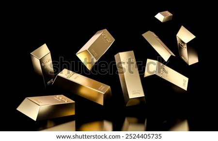 Shiny gold bars falling down on black background success concept 3d