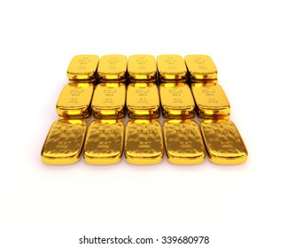 Shiny Gold Ingots Of The Highest Standard On A White Background. 3D Illustration